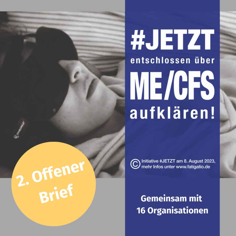 Grafik mit Frau mit Maske. Auf der Grafik steht: Jetzt mitmachen und über ME/CFS aufklären!