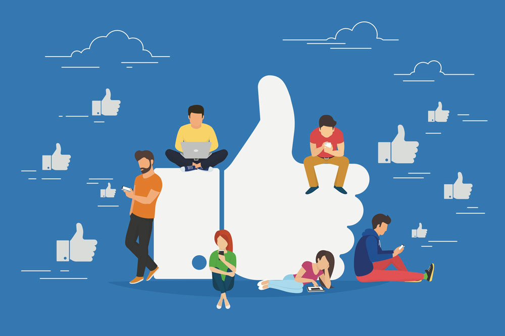 Regeln und Wissen über das Internet Illustration 6 junge Menschen, die in ihr Handy oder Notebook schauen vor einem blauen Hintergrund mit "Daumen-hoch" Zeichen
