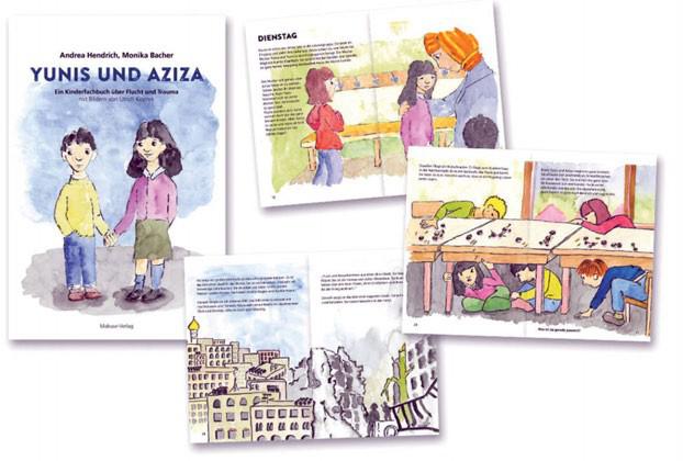 Abbildung von vier Seiten aus dem Kinderbuch Yunis und Aziza