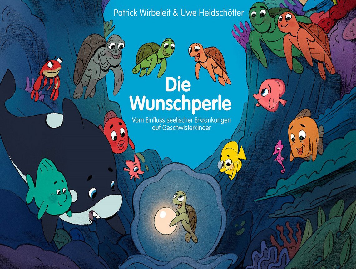 Kinderbuch die Wunschperle Illustration Unterwasserwelt mit Fischen, die einer Schildkröte zusehen, die eine Perle mit den Füssen trägt